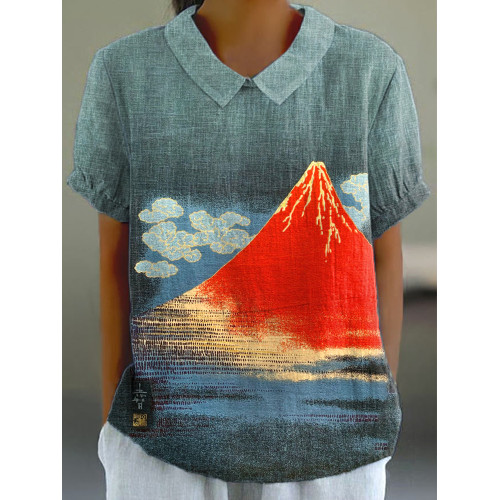 Japanese Mount Fuji Art Print Linen Blend Shirt