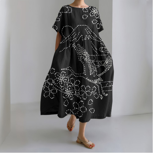 Japanese Mount Fuji Crane Sakura Embroidery Art Vintage Art Linen Blend Maxi Dress