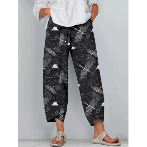Japanese Mount Fuji & Cranes Art Cropped Casual Pants
