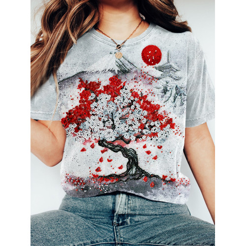 Japanese Mountain Scenery Art Beads Embroidery Washed T Shirt