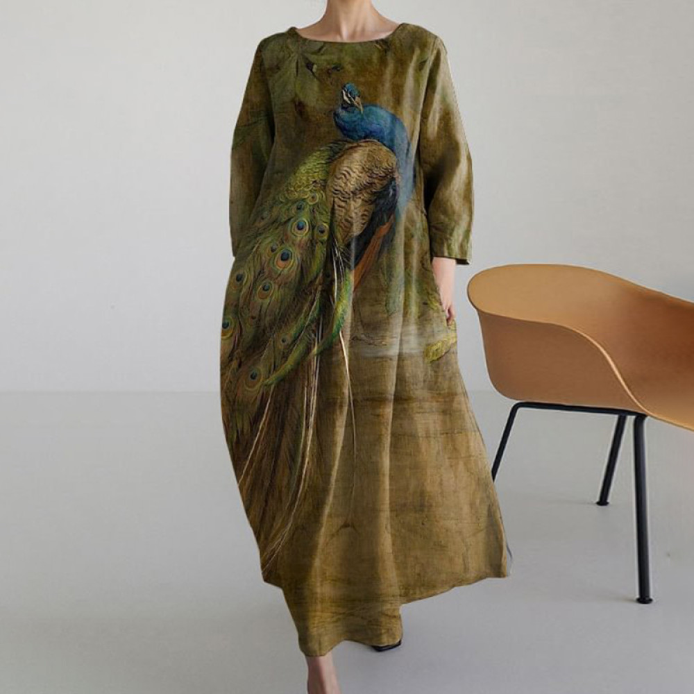 Japanese Peacock Art Vintage Long Sleeve Midi Dress