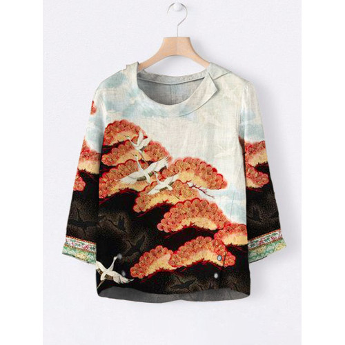 Japanese Pine Print Linen Lapel Shirt