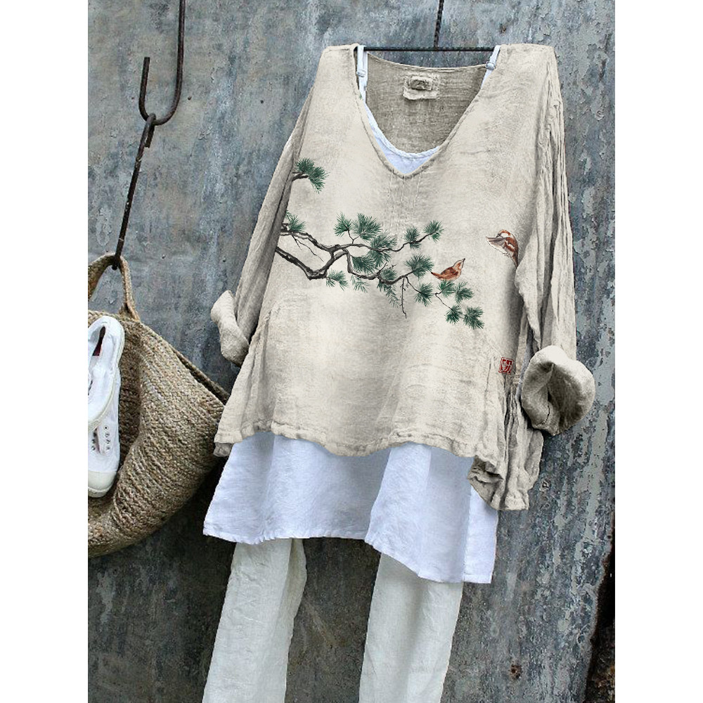 Japanese Pine Tree and Sparrows Art Linen Blend Tunic