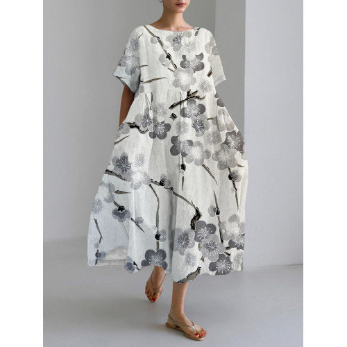 Japanese Plum Art Print Linen Blend Maxi Dress
