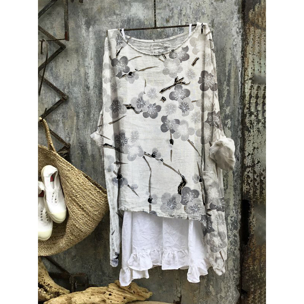 Japanese Plum Art Print Linen Blend Tunic