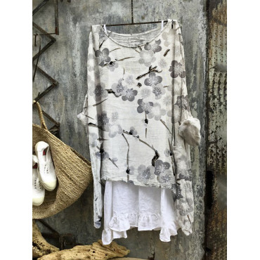 Japanese Plum Art Print Linen Blend Tunic