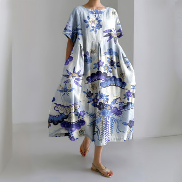 Japanese  Plum Blossom Art Linen Blend Casual Dress
