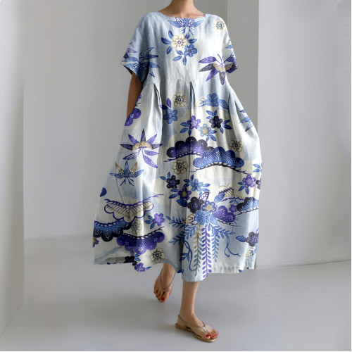 Japanese  Plum Blossom Art Linen Blend Casual Dress