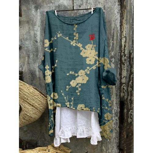 Japanese Plum Blossom Art Linen Blend Flowy Tunic