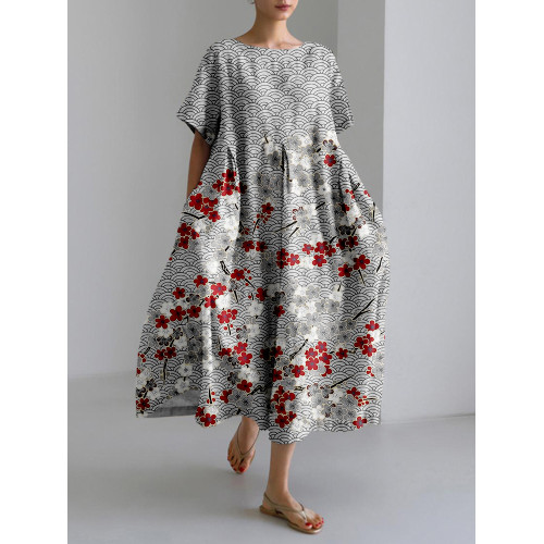 Japanese Plum Blossom Art Linen Blend Maxi Dress