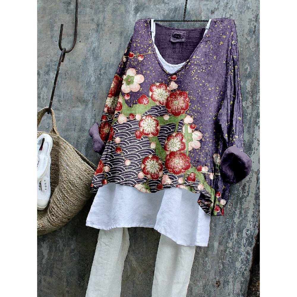 Japanese Plum Blossom Art Linen Blend Tunic