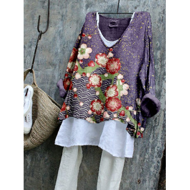 Japanese Plum Blossom Art Linen Blend Tunic