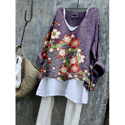 Japanese Plum Blossom Art Linen Blend Tunic