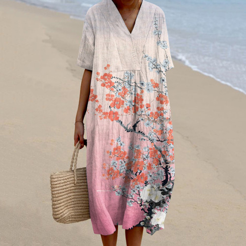 Japanese Plum Blossom Art Printed V Neck Casual Midi Dress