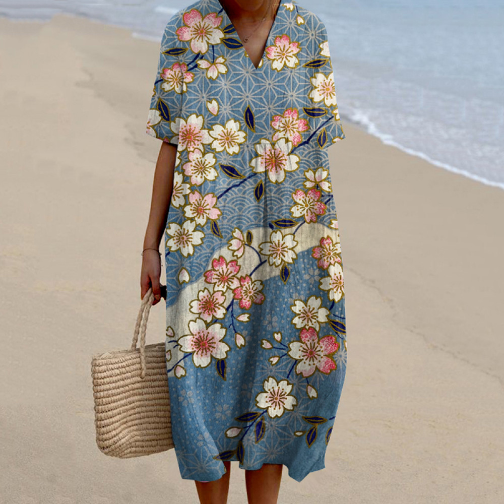 Japanese Plum Blossom Art Printed V Neck Casual Midi Dress