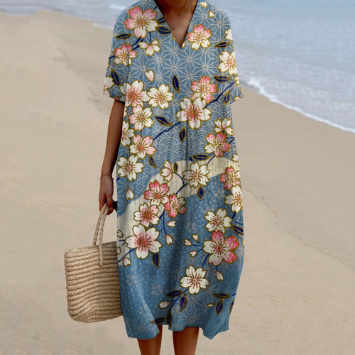 Japanese Plum Blossom Art Printed V Neck Casual Midi Dress