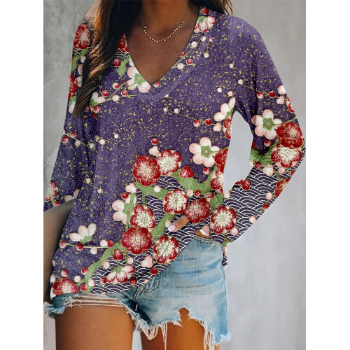 Japanese Plum Blossom Art V Neck T Shirt