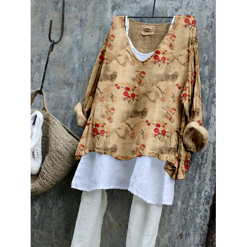 Japanese Plum Blossom Art Vintage Linen Blend Tunic