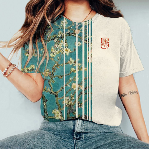 Japanese Plum Blossom Floral Art Print Color Block T-Shirt