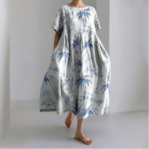 Japanese Plum Blossom & Bamboo Printed Linen Blend Maxi Dress