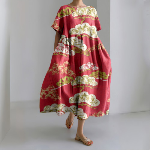 Japanese Plum Bossom Art Linen Blend Casual Dress