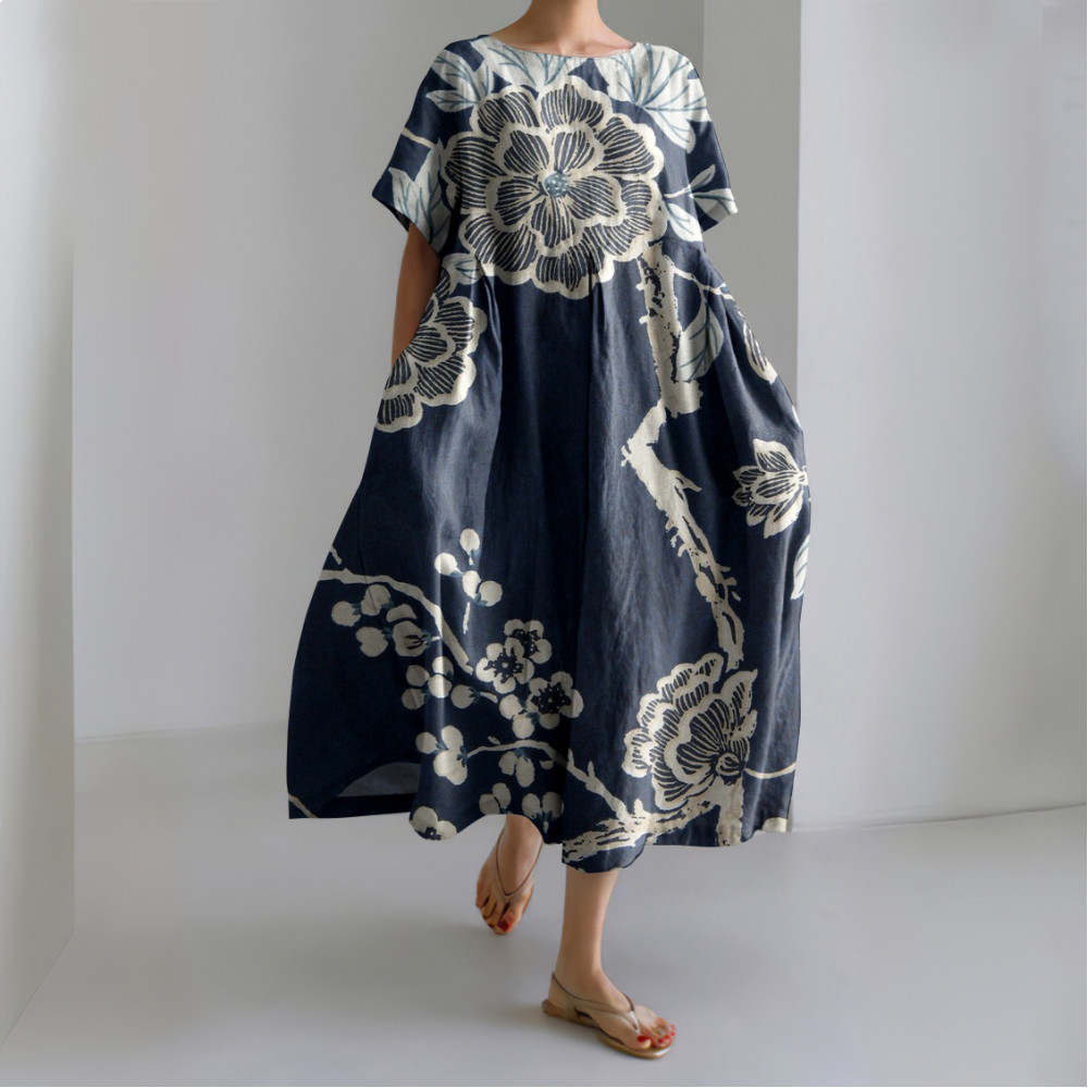Japanese Plum Bossom Printed Linen Blend Maxi Dress