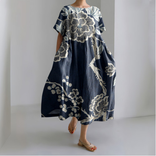 Japanese Plum Bossom Printed Linen Blend Maxi Dress