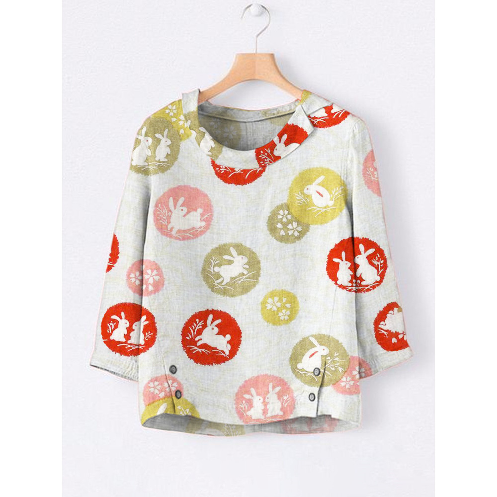 Japanese Rabbit Pattern Linen Lapel Loose Shirt
