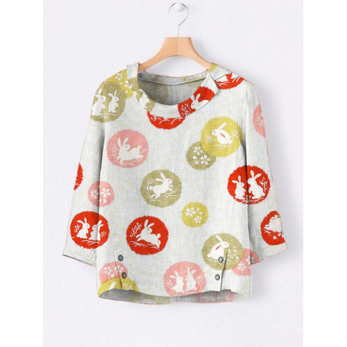 Japanese Rabbit Pattern Linen Lapel Loose Shirt