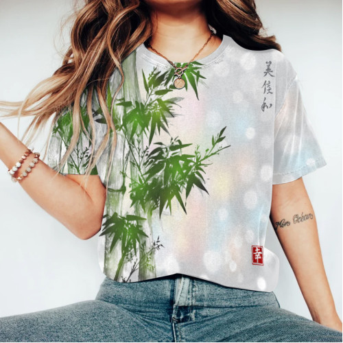 Japanese Retro Bamboo Ink Wash Painting Art Linen Casual Cotton T-Shirt