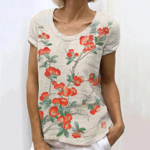 Japanese Retro Floral Art Linen Casual T-Shirt