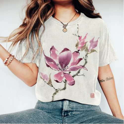 Japanese Retro Floral Ink Wash Painting Art Linen Casual Cotton T-Shirt