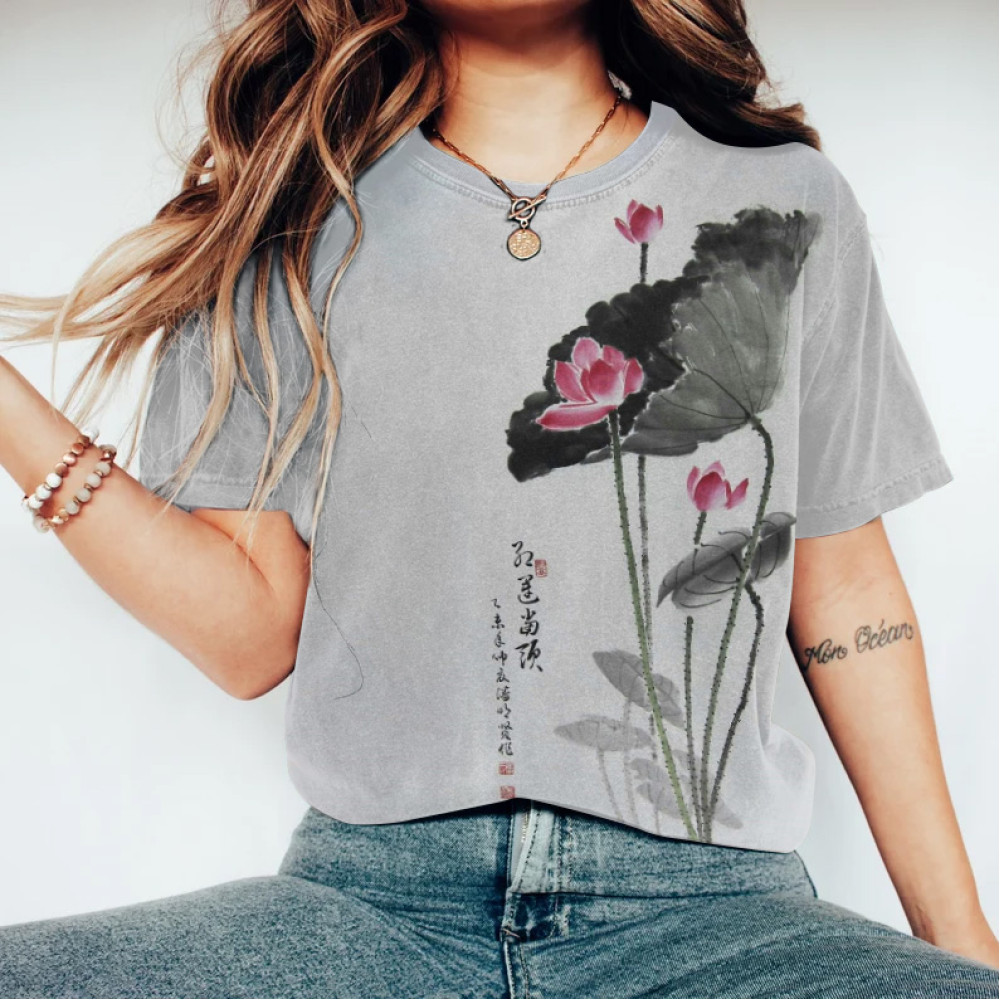 Japanese Retro Lotus Ink Wash Painting Art Linen Casual Cotton T-Shirt