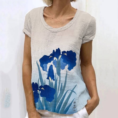 Japanese Retro Orchid Art Painting Linen Casual T-Shirt