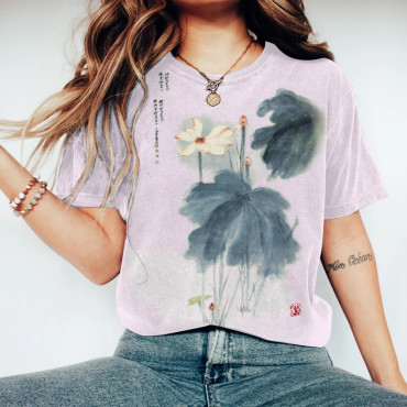 Japanese Retro Orchid Ink Wash Painting Art Linen Casual Cotton T-Shirt