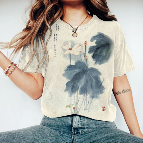 Japanese Retro Orchid Ink Wash Painting Art Linen Casual Cotton T-Shirt