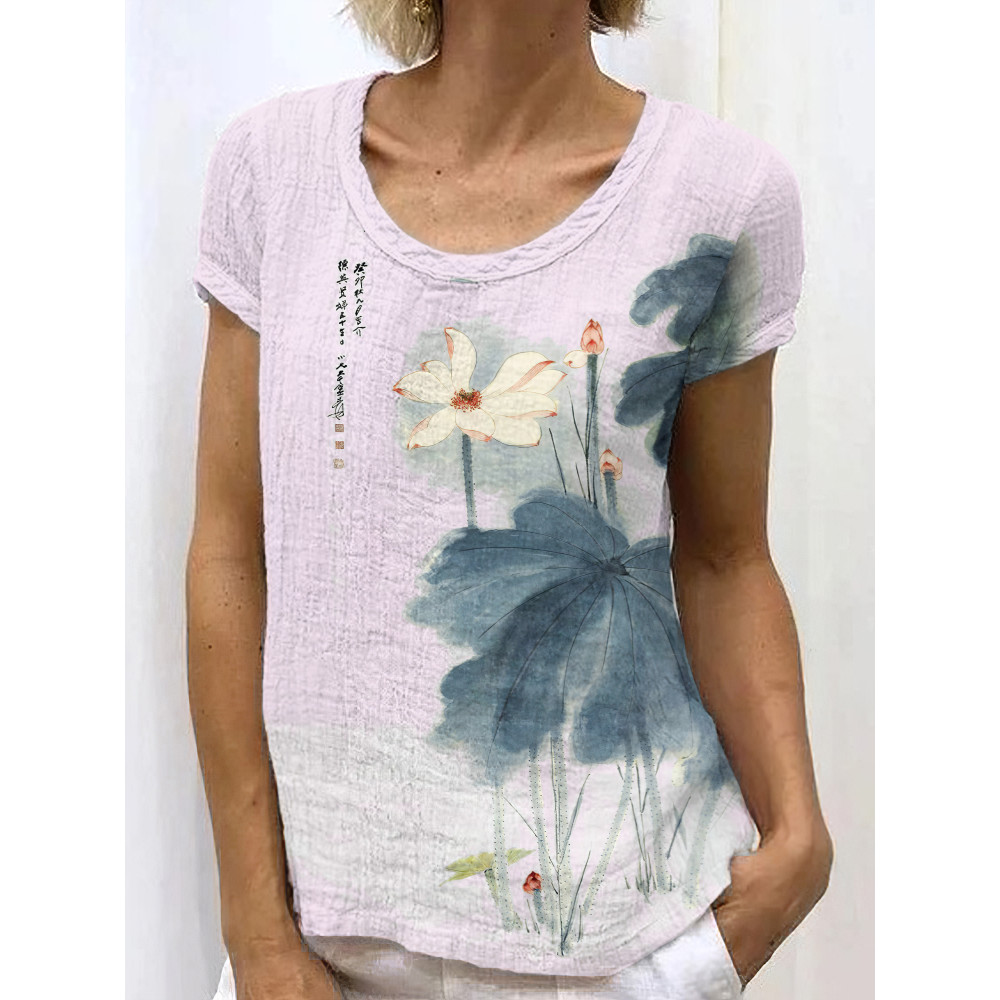 Japanese Retro Orchid Ink Wash Painting Art Linen Casual T-Shirt