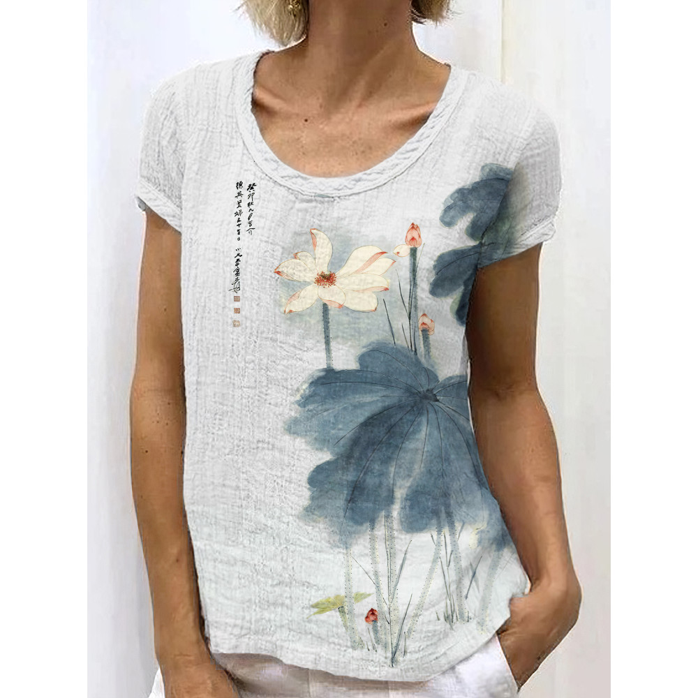 Japanese Retro Orchid Ink Wash Painting Art Linen Casual T-Shirt