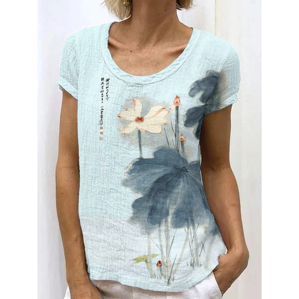 Japanese Retro Orchid Ink Wash Painting Art Linen Casual T-Shirt