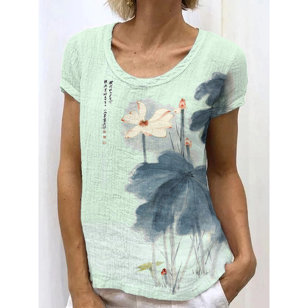 Japanese Retro Orchid Ink Wash Painting Art Linen Casual T-Shirt