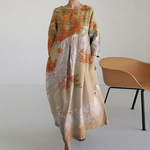 Japanese Retro Peacock Art Vintage Long Sleeve Midi Dress