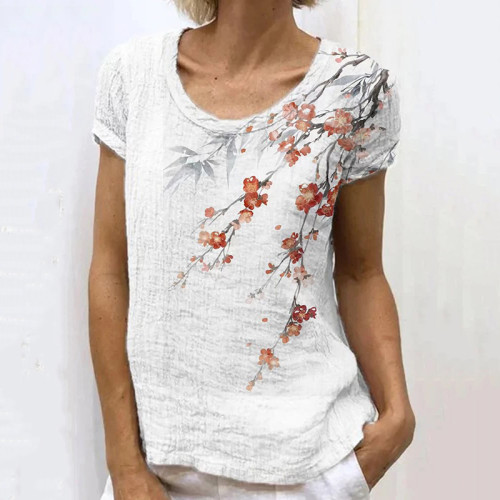 Japanese Retro Plum Bamboo Ink Painting Art Print Casual T-Shirt