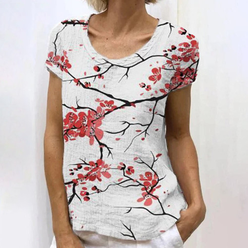 Japanese Retro Plum Blossom Art Linen Casual T-Shirt