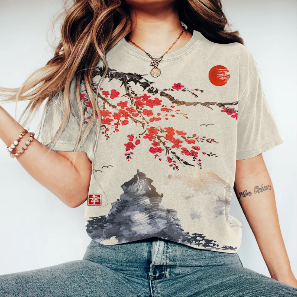 Japanese Retro Sunrise Ink Wash Painting Art Linen Casual Cotton T-Shirt