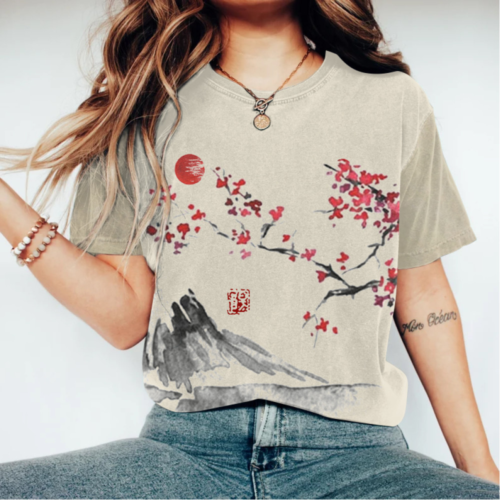 Japanese Retro Sunrise Mountain Floral Ink Wash Painting Art Linen Casual Cotton T-Shirt