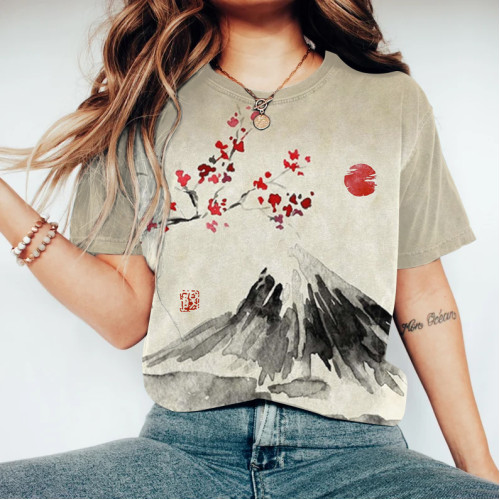 Japanese Retro Sunrise Mountain Ink Wash Painting Art Linen Casual Cotton T-Shirt
