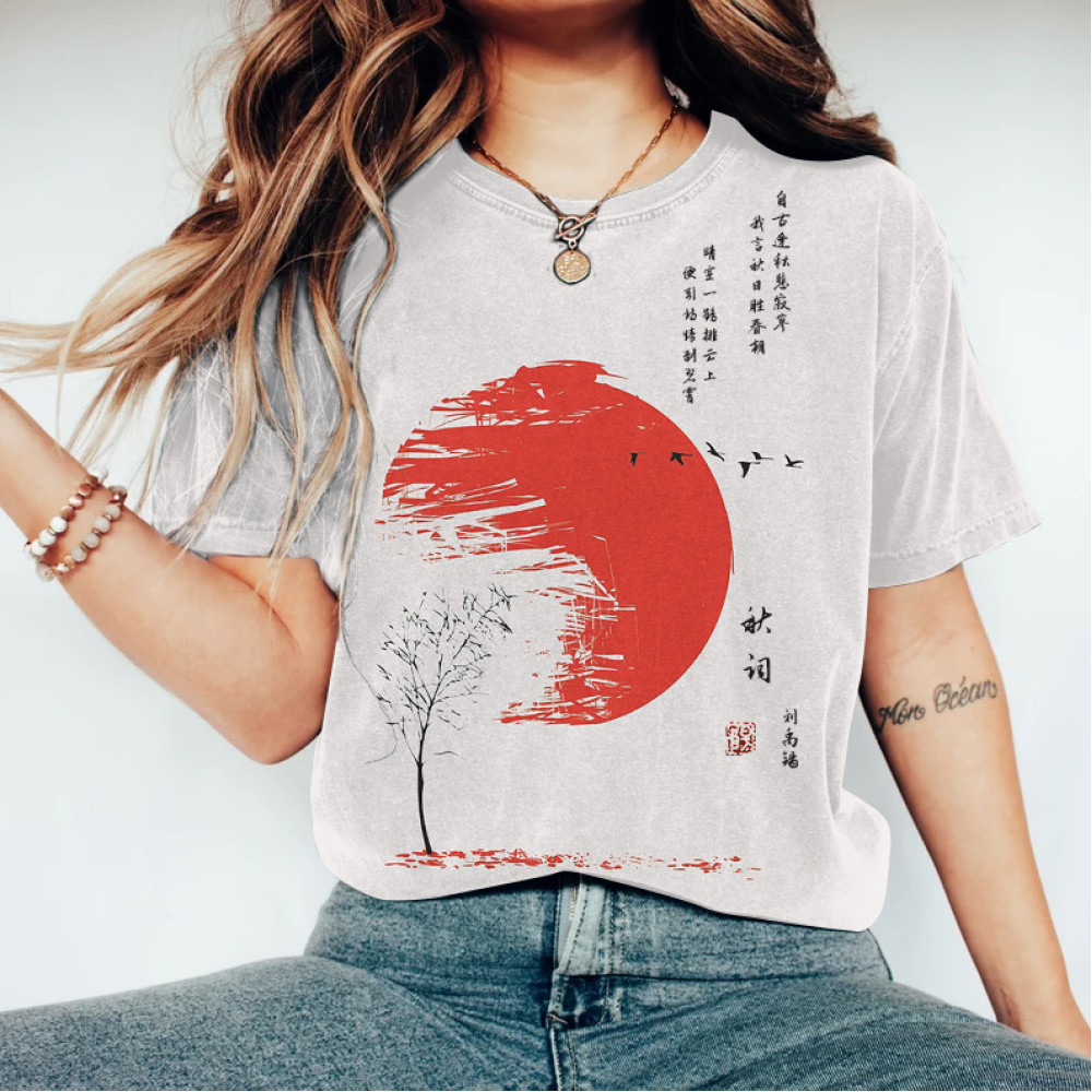 Japanese Retro Sunrise Mountain Ink Wash Painting Art Linen Casual Cotton T-Shirt
