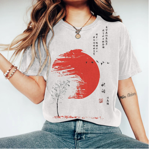 Japanese Retro Sunrise Mountain Ink Wash Painting Art Linen Casual Cotton T-Shirt
