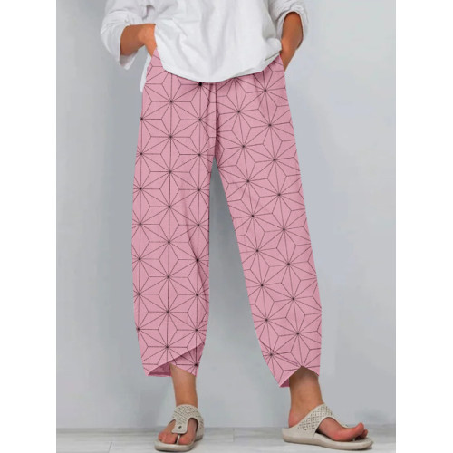 Japanese Sashiko Art Pattern Cropped Casual Pants