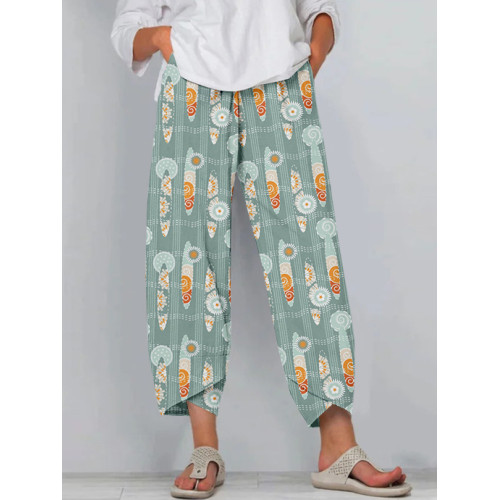 Japanese Sashiko Boho Surfboards Linen Blend Cropped Casual Pants